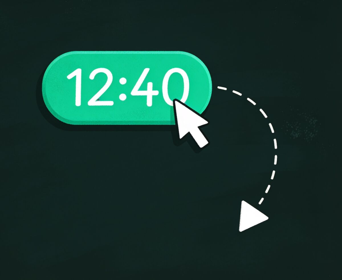 Chalk drawing: a cursor clicks a green 12:40 timestamp chip and a dashed arc leads to a play triangle